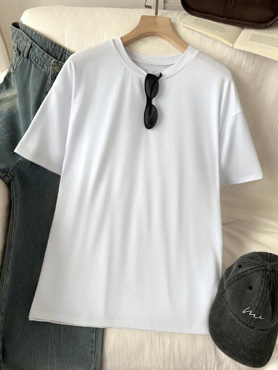 SHEIN EZwear 大碼素色落肩T恤 - 白色 - 查看 1