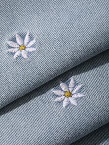 Livesso 女士休闲日常花卉刺绣口袋纽扣喇叭裤 - 藍色 - 查看 6