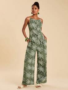 Travachic 女士休闲椰树印花吊带背心和阔腿裤两件套 - 綠色 - 查看 4