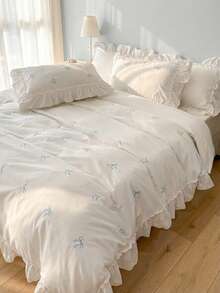 Cirelle 2/3 Pcs Polyester Bedding Set With Bow Embroidery & Ruffle Trim – Modern All-Season Duvet Cover + 1/2 Pillowcases (No Comforter), Wrinkle-Resistant & Soft Home Decor - White - View 4