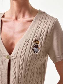 Briarwyn 女士时尚休闲扭结针织泰迪熊短袖开衫 - 杏色 - 查看 6