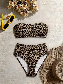 Swim Chiccia 2025 Women's Fashionable Sexy Leopard Print Bandeau Bikini Set, Summer - Multicolor - View 7