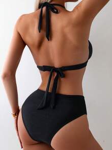 Swim Lushoire 夏季海滩女士纯色拼接比基尼套装带金属链吊带颈，两件套比基尼套装 - 黑色 - 查看 4