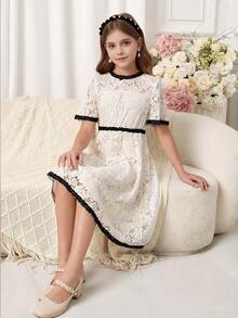 Pitira Tween Girls Elegant Black And White Summer Contrast Color Lace Trim Party Wedding Guest Dress,Suitable For Prom,Communion,Formal Occasions Gown - White - View 5