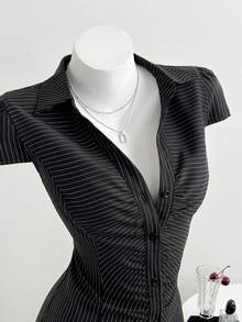 Elamini 女士连衣裙，V领褶皱黑白条纹衬衫裙，条纹职业装，复古女士办公室工作服，女士正装，女士工作连衣裙，女士细条纹连衣裙，女士套装 - 黑色 - 查看 6