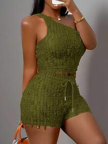 SHEIN Slayr Bộ đồ 2 món phong cách thường ngày mùa xuân/hè, kiểu dáng bất đối xứng, ôm sát, chất liệu vải dệt, gồm áo hai dây và quần short, cỡ lớn. - xanh quân đội - Xem 3