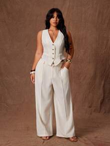 Rustia Conjunto de 2 piezas de talla grande para mujer, estilo vintage primavera/verano, cómodo, con cuello en V francés, romántico, de alta gama: chaleco ceñido + pantalones de pierna ancha con cintura elástica alta, adecuado para salidas diarias, temporada de regreso a clases, fiestas de regreso a clases, atuendo de oficina, conjunto de traje, adecuado para primavera y verano - Albaricoque - Ver 3