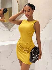 Slaydiva Yellow,Summer,Elegant,Party Night,V-Neck Sleeveless Ruched Waist Open Back Pearl Chain Decor A-Line Mini Dress,Elastic Satin,Suitable For Wedding - Light Yellow - View 6