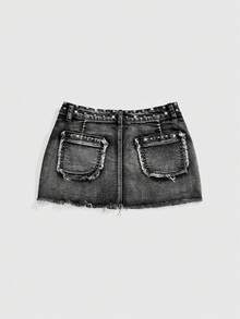 ROMWE J-Fashion Women's Y2K Retro Subculture Distressed Beaded Decor Ripped Tight Fitted Denim Mini Skirt - Grey - View 2