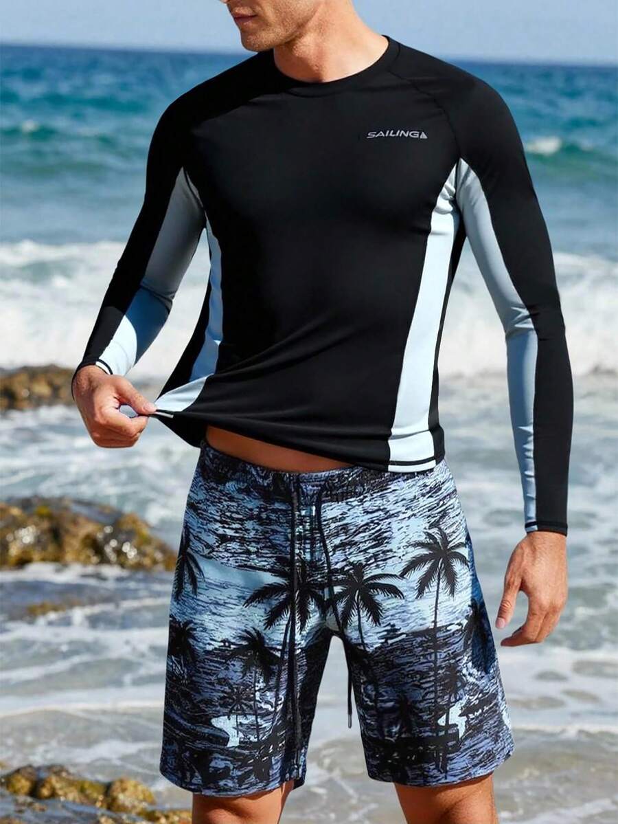 Manfinity KASUA 男士字母印花撞色长袖上衣和棕榈树印花短裤泳装套装 - 黑色 - 查看 1