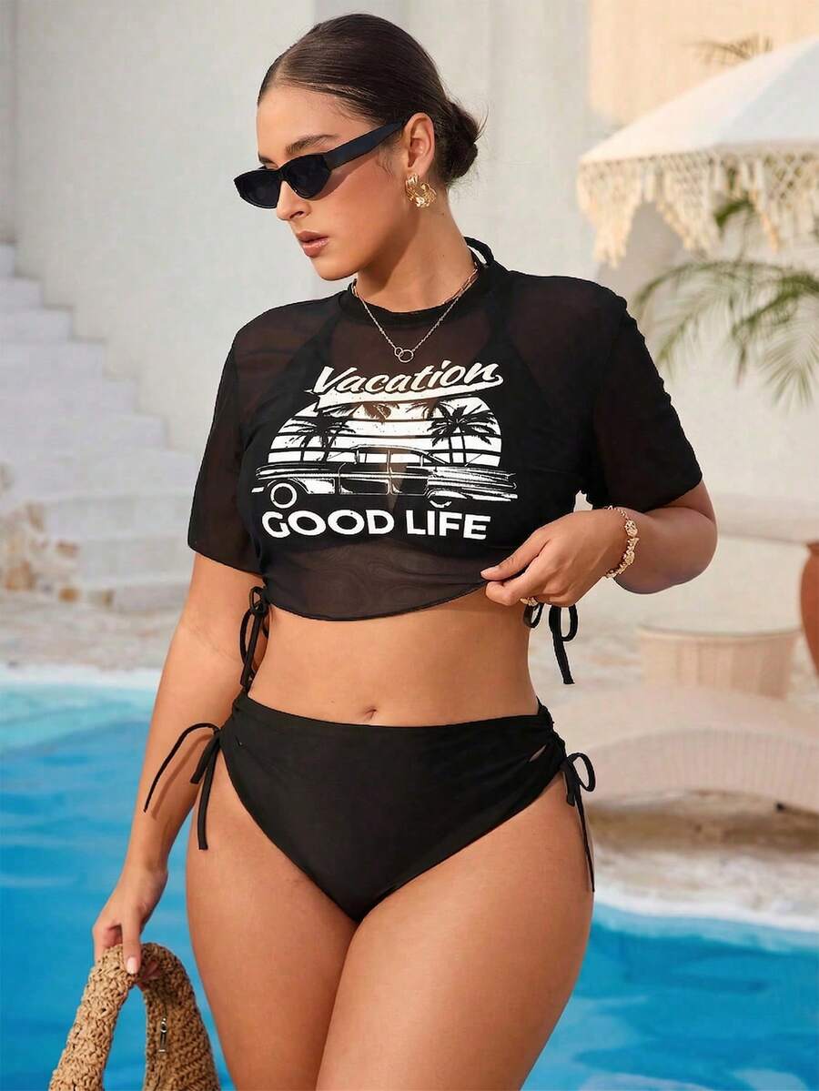 Swim Vcay 加大码三件套热带植物印花罩衫套装,含女士吊带背心和比基尼泳装,适合海滩度假休闲穿着 - 黑與白 - 查看 1