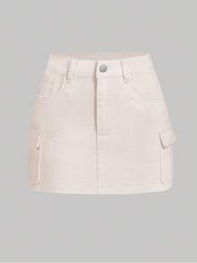 SHEIN MOD Plus Size Summer Casual Solid Color Denim Skirt - Apricot - View 1