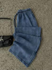 Attitoon Pantalones de chándal rectos de cintura baja para mujer, apropiados para el verano, con efecto lavado - Azul - Ver 3