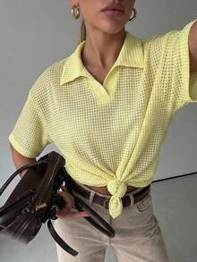 Livesso Women's Summer Solid Basic Polo Collar Loose Textured Short Sleeve T-Shirt - Yellow - View 6