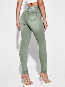 SHEIN Essnce Casual Distressed Denim Jeans, Simple & Fashionable For Everyday Wear - Green - View 2