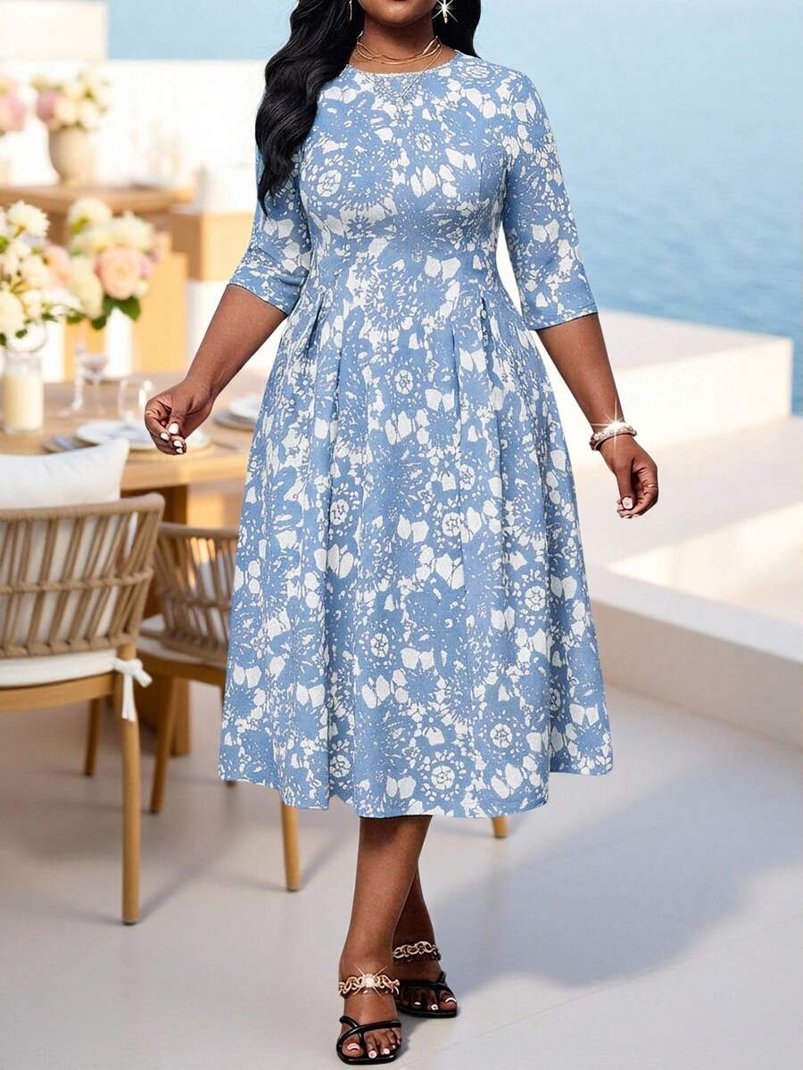 SHEIN Lady 春夏优雅通勤办公彩色针织圆领喇叭袖七分袖大码连衣裙 女士夏季穿搭 女士夏季连衣裙 女士办公穿搭 女士办公连衣裙 - 彩色 - 查看 1