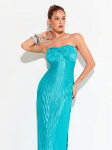 Rafferiza 女士优雅蓝色褶皱露肩扭结前襟连衣裙，夏季长款女装 - 藍色 - 查看 5