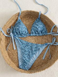 SHEIN Swim Vcay 2026 New Spring/Summer Green Special Fabric Spaghetti Strap Sexy Women Bikini Set, Suitable For Beach And Vacation - Blue - View 4