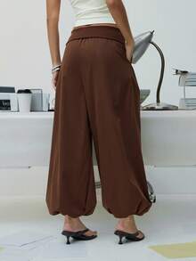 Hauture Casual High Waist Lantern Leg Pants With Pockets For Women - Brown - View 3