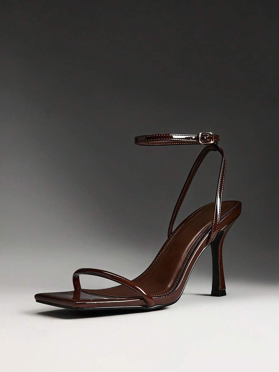 SHUZIA Women's Elegant Patent PU Ankle Strap Stiletto Heel Sandals - Chocolate Brown - View 1