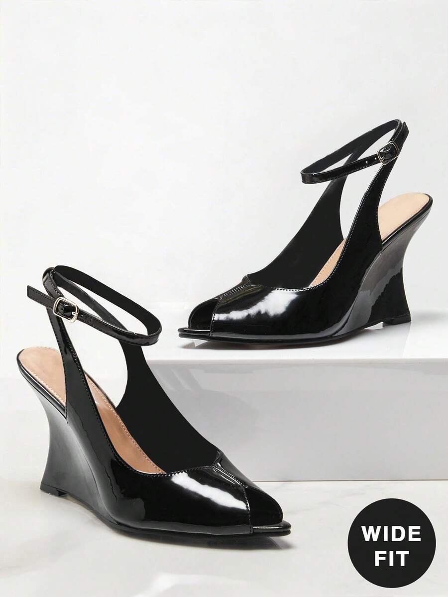 SHUZIA Giày sandal đế xuồng hở mũi, quai ngang mắt cá chân, dáng rộng dành cho nữ. - màu đen - Xem 1