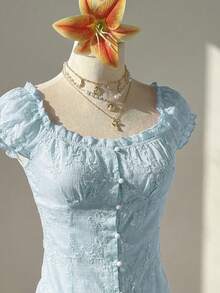 Áo kiểu nữ màu hồng jacquard cổ vuông tay cánh hoa xếp ly eo, ôm dáng, ngọt ngào và nữ tính, thích hợp cho kỳ nghỉ hè ở bãi biển. - Màu xanh nhạt - Xem 5