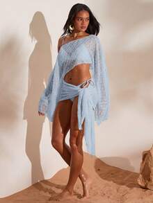 Opulessa Women's Solid Color Beachwear Cover-Up Set Summer Vacation Bikini Bathing Suits - Baby Blue - View 4