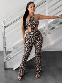 SHEIN SXY Bộ jumpsuit nữ họa tiết da báo khoét eo cổ yếm - Nhiều màu - Xem 4