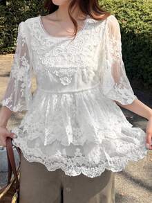 FRIFUL 女士夏季网纱拼接刺绣宽松衬衫 - 杏色 - 查看 6