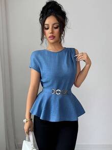 SHEIN Elenzya 女士V领短袖衬衫，时尚金属装饰腰带，纯色收腰优雅上衣，适合日常通勤、夏季外出就餐等多种场合 - 藍色 - 查看 6