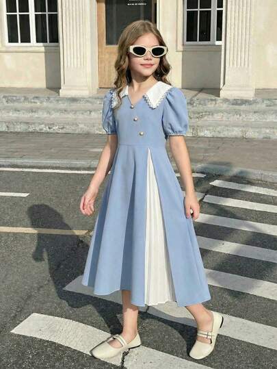 SHEIN Vestido de niña con cuello de contraste, mangas abullonadas, diseño de tela suave y crujiente (cuello de encaje + mangas abullonadas + cierre de botón de perla + vestido midi de color de contraste con abertura lateral, azul claro y blanco lechoso), adecuado para primavera, verano y otoño, elementos de color de contraste frescos + ajuste de estilo retro apto para uso diario, fiesta de cumpleaños, actividades escolares, ajuste delgado y fácil de combinar