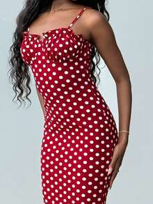 Mima John 春夏女款黑白圆点性感露背细肩带连衣裙 - 紅色 - 查看 5