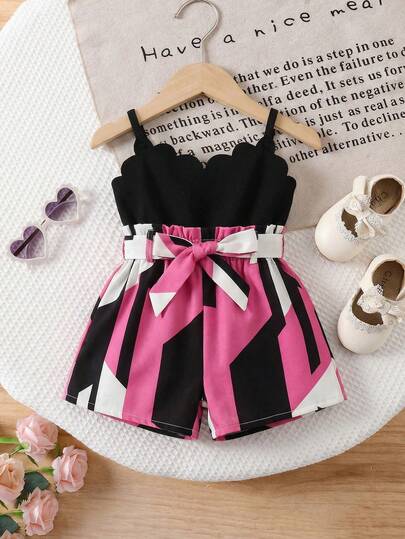 SHEIN Conjunto de camiseta sin mangas blanca y pantalones cortos de cintura elástica, estilo lindo para bebé niña, verano