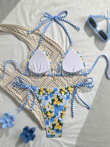 Swim Mod 女士泳衣两件套，性感度假沙滩优雅柠檬图案挂脖系带荷叶边三角泳裤蓝色柠檬吊坠沙滩装 - 彩色 - 查看 2