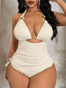 Slaydiva New Wavy Hollow Design Plus Size One-Piece Swimsuit, Slimming High Waist Ruched One-Piece Swimsuit For Women - White - View 5