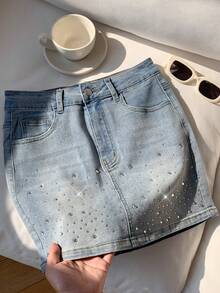 Comfortcana Falda vaquera casual de mujer con bolsillos y diseño de strass - Lavado ligero - Ver 3