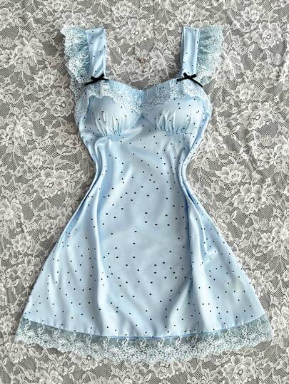 Elamini 女士甜美复古休闲时尚日常通勤派对缎面提花印花细蝴蝶结装饰刺绣蕾丝拼接腰部喇叭袖方领迷你连衣裙，夏季