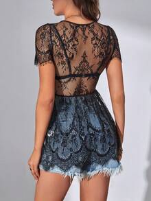 SHEIN Tall Floral Lace Sheer Top Without Bra - Black - View 2
