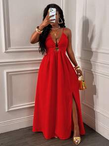 Glyssa Women's Sexy Spaghetti Strap Backless Criss-Cross Front Hollow U-Shaped Buckle Ruched Hem High Slit Dress - Red - View 3