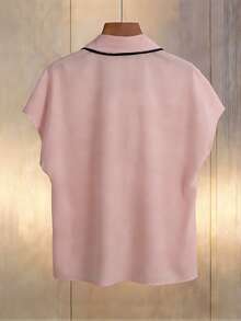 Franclia Blusa de gasa con cuello en V, manga corta y lazo, con estampado de murciélago, color beige, adecuada para primavera/verano - Rosa vieja - Ver 2