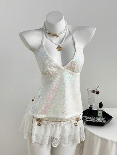 Elamini Áo croptop hai dây hở lưng cổ chữ V đính sequin gợi cảm, ngọt ngào và quyến rũ cho mùa hè.