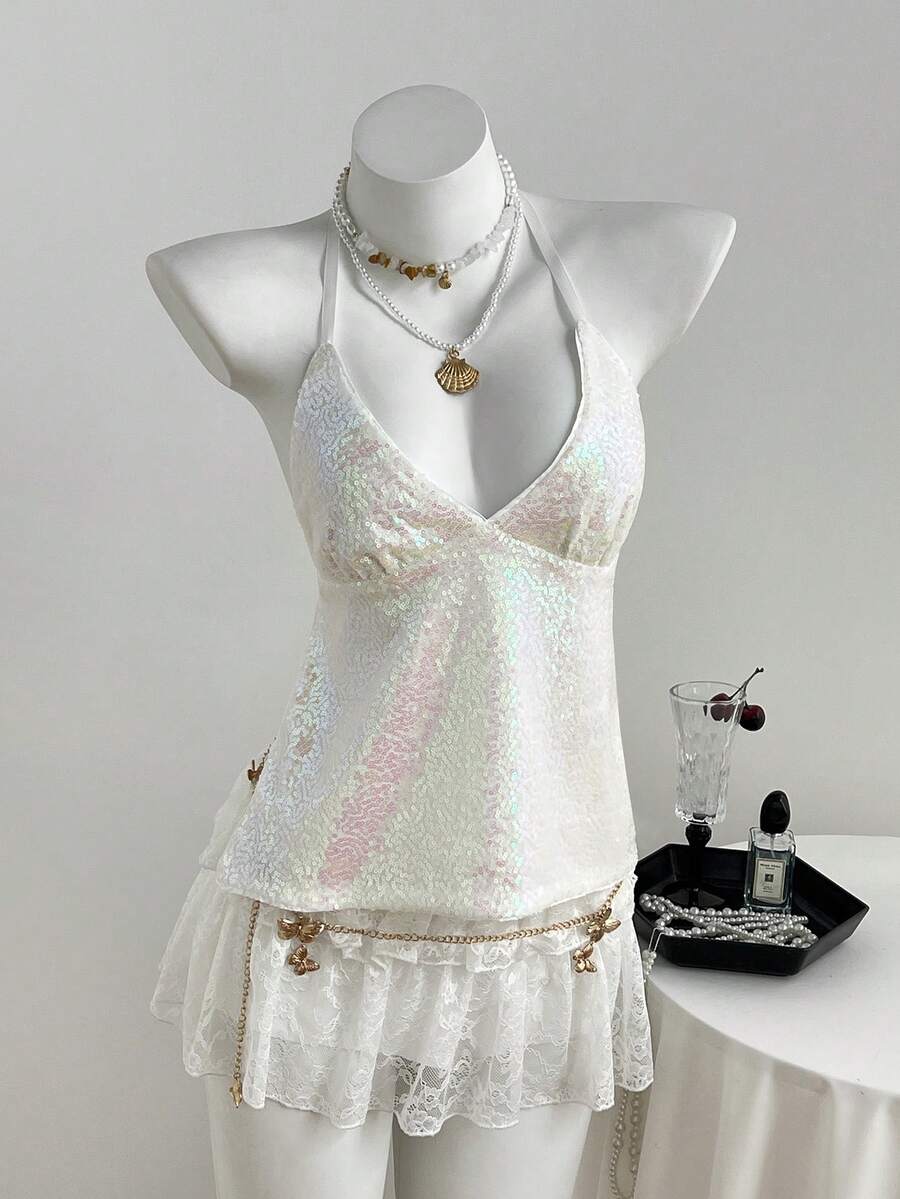 Elamini Áo croptop hai dây hở lưng cổ chữ V đính sequin gợi cảm, ngọt ngào và quyến rũ cho mùa hè. - Hồng - Xem 1