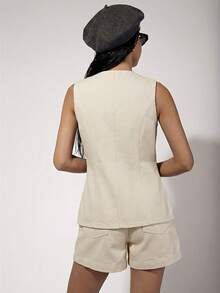 COSMINA Women's Metal Single-Breasted Vest And Denim Shorts Set - Apricot - View 2