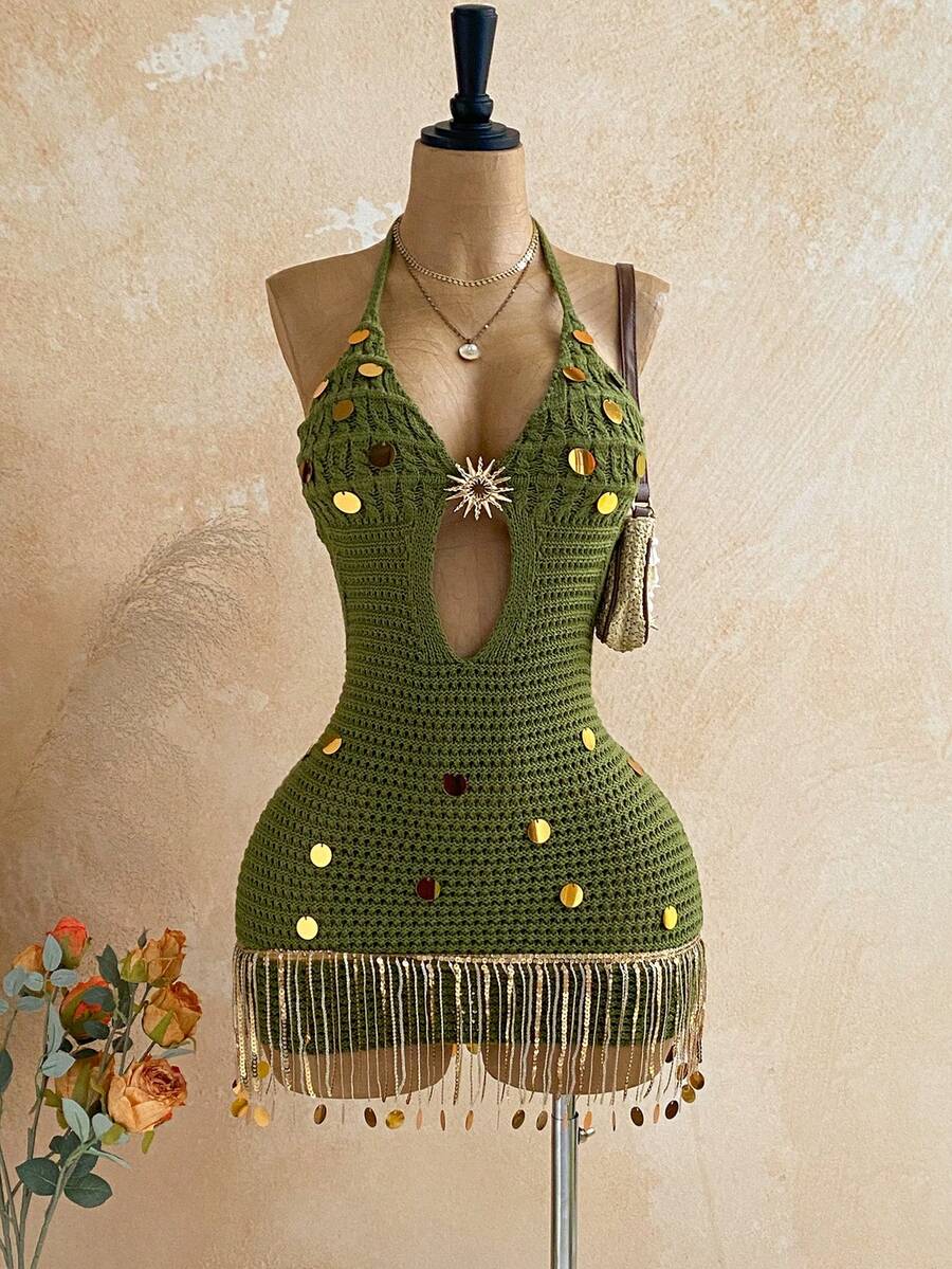 Soleia Đầm dệt kim hở lưng cổ yếm đính sequin tua rua dành cho nữ, thích hợp cho kỳ nghỉ hè. - xanh quân đội - Xem 1