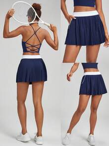 GLOWMODE Pleated Pocket Mini Skirt With Built-In Shorts Light Support Tennis Golf Gym Summer Quick Dry Moisture Wicking - Dark Blue - View 8