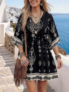 Breezaya 2026新款女士V领系腰休闲短裙，适合海滩、度假和夏季穿着 - 黑與白 - 查看 3