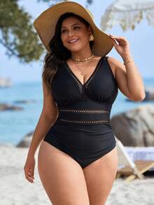 Swim Lushoire Plus Size Women's Solid One-Piece Swimsuit With Hollow Front, Waist Gathering, Suitable For Summer Beach Vacation - Black - View 6