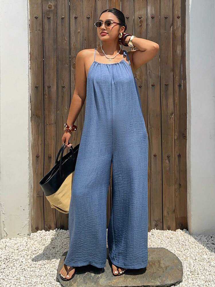 Dazy Plus Linen Spaghetti Strap Jumpsuit, Solid Color, Casual Loose Fit, Cold-Shoulder, Plus Size, Long Jumpsuit For Vacation Jumpsuit For Women