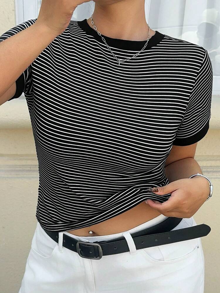 Dazy Plus Contrast Color Block Striped Fitted Short Sleeve Street Style Plus Size Women Casual T-Shirt, Spring/Summer