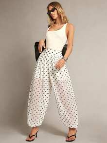 Hauture 高腰宽松波点灯笼裤，女士休闲裤，春夏款 - 白色 - 查看 1